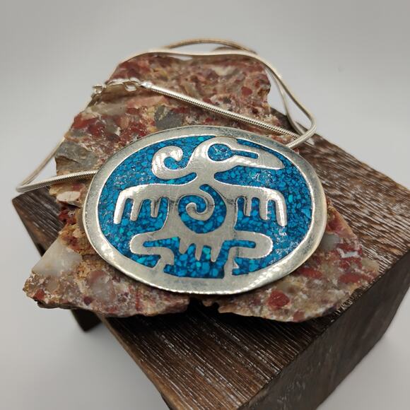 Crushed Turquoise Mexico Alpaca Pendant/Brooch combination - Picture 2 of 5